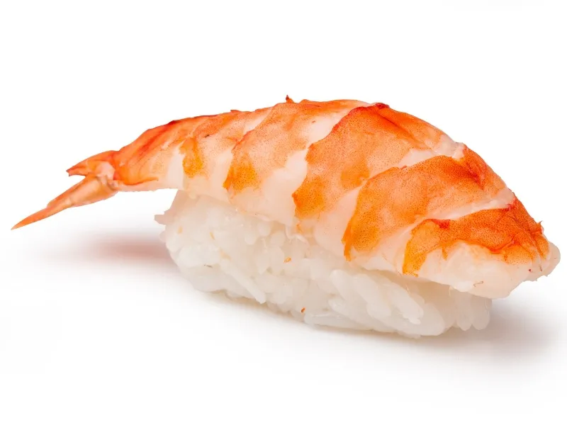 Cooked prawn nigiri sushi atop sushi rice at Ai Sushi, Japanese Restaurant in Miami Beach